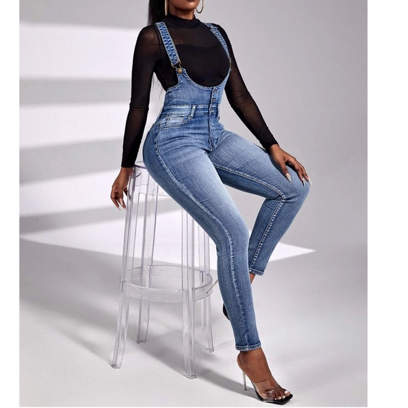 Medium Vintage Wash High waisted Skinny Jean Denim overalls - Picture 2 of 7